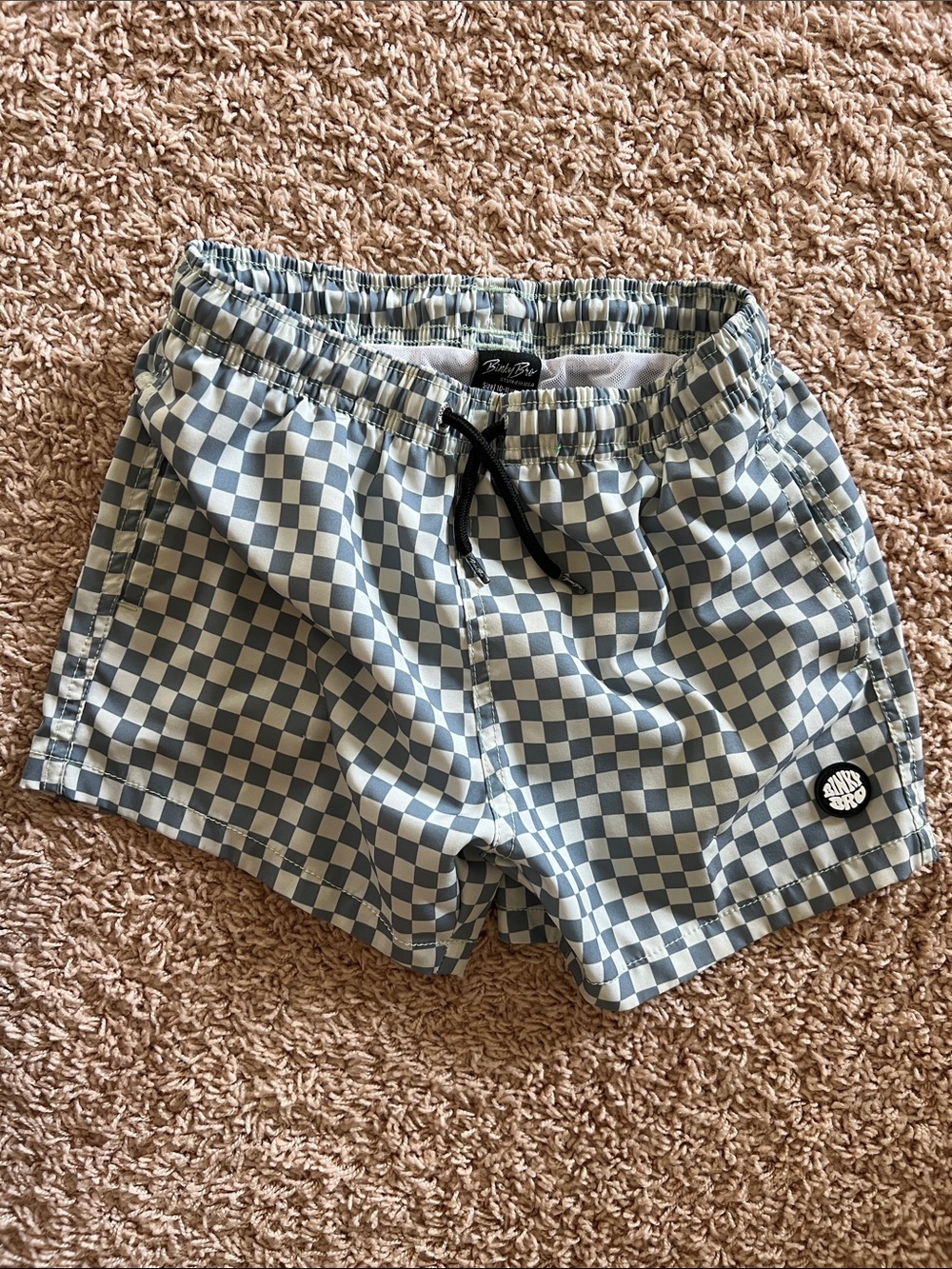 Kids Checkerboard Swim Trunks in Light Blue and White